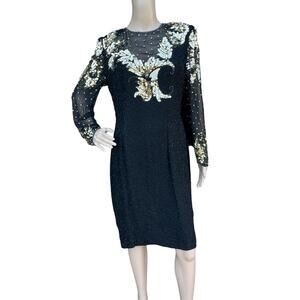 Niteline Black Beaded & Sequin Dress, Size 10, Long Sleeve Formal Cocktail Gown